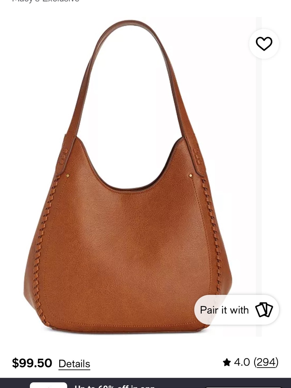 New Style & Co. Saddle Brown Shoulder Bag Whip-Stitch Soft 4-Poster Tote